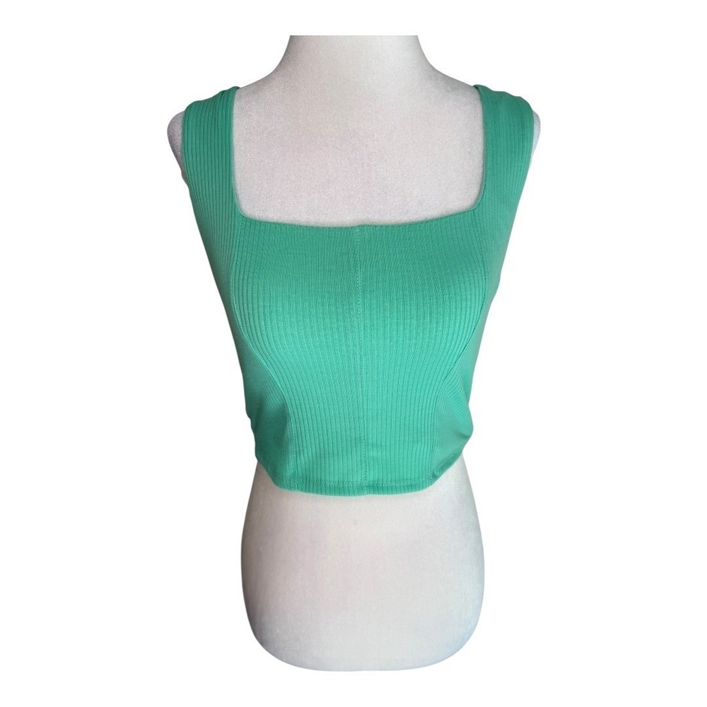 AFRM Los Angeles Ribbed Crop Top Sleeveless Square Neck Knit Tank‎ Green Medium